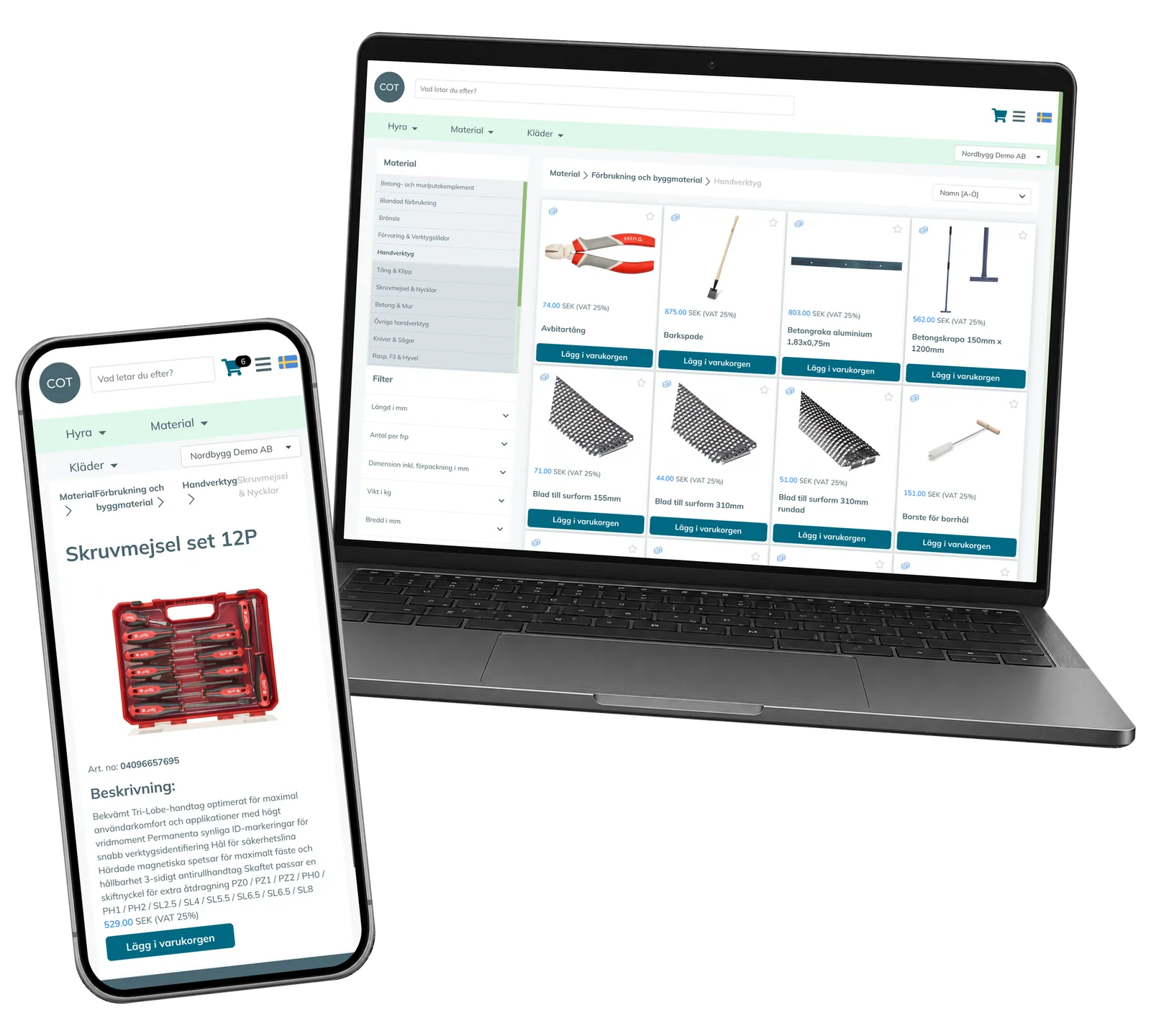 COT Sverige Portal prototype: Add the tools and materials the worksite needs. Real interface with fictional demonstration records.
