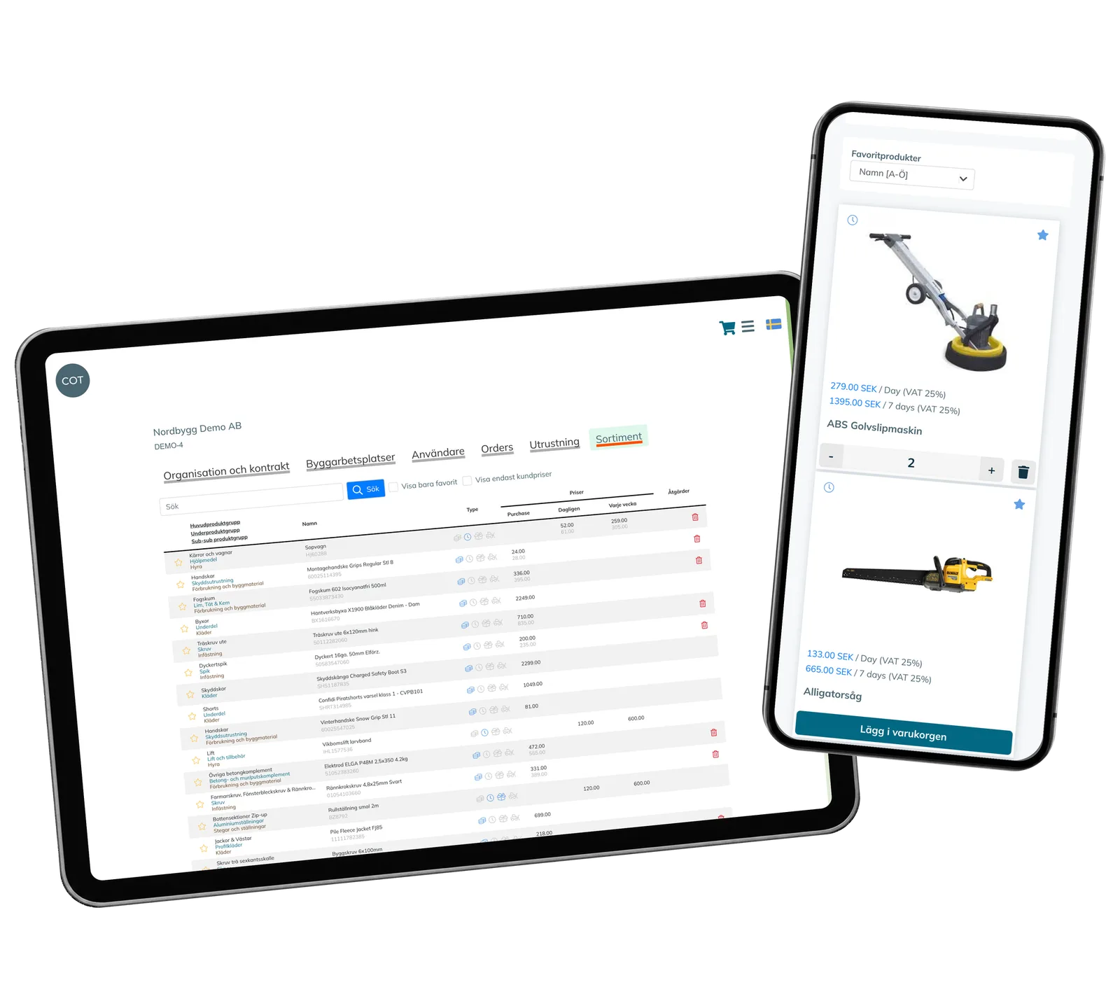 COT Sverige Portal prototype: Use company prices and return to favourite products. Real interface with fictional demonstration records.