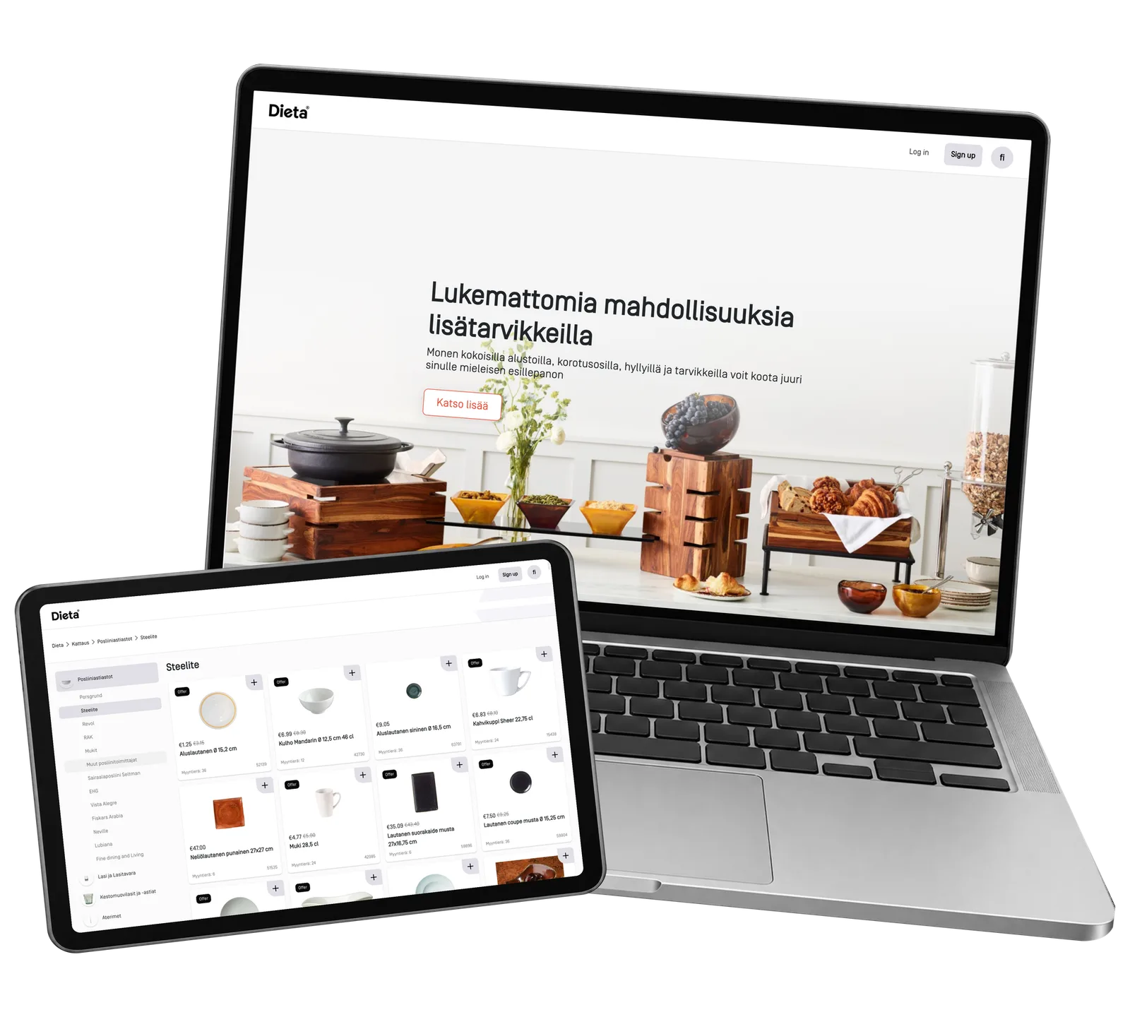 Dieta Shop prototype: Explore the range before choosing a product. Actual catalogue interface with historical example prices.