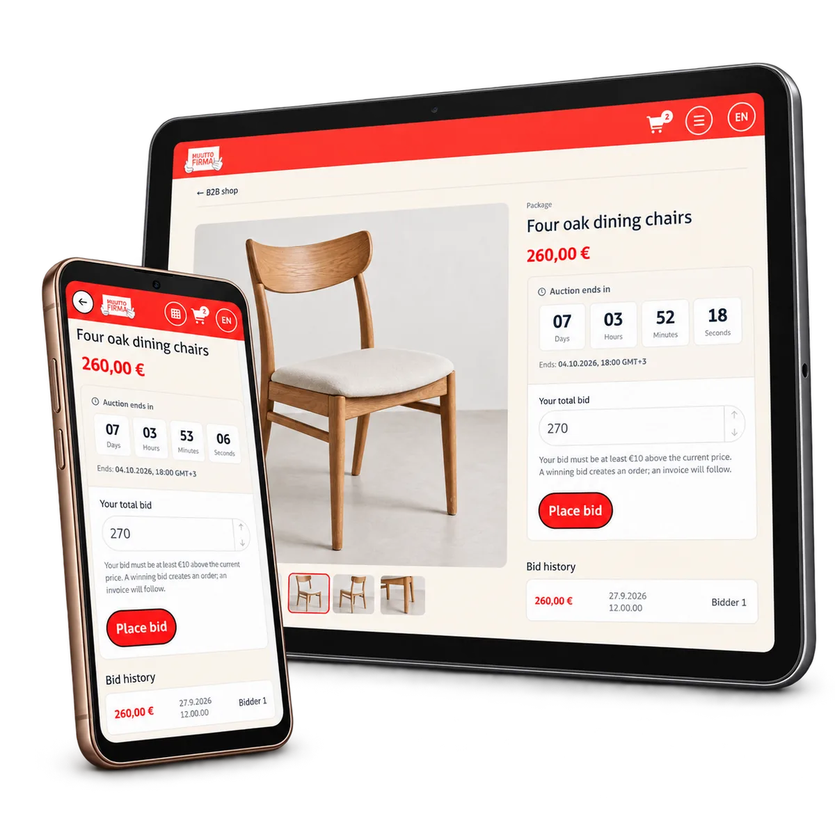 Auction product details and mobile countdown and bid controls.