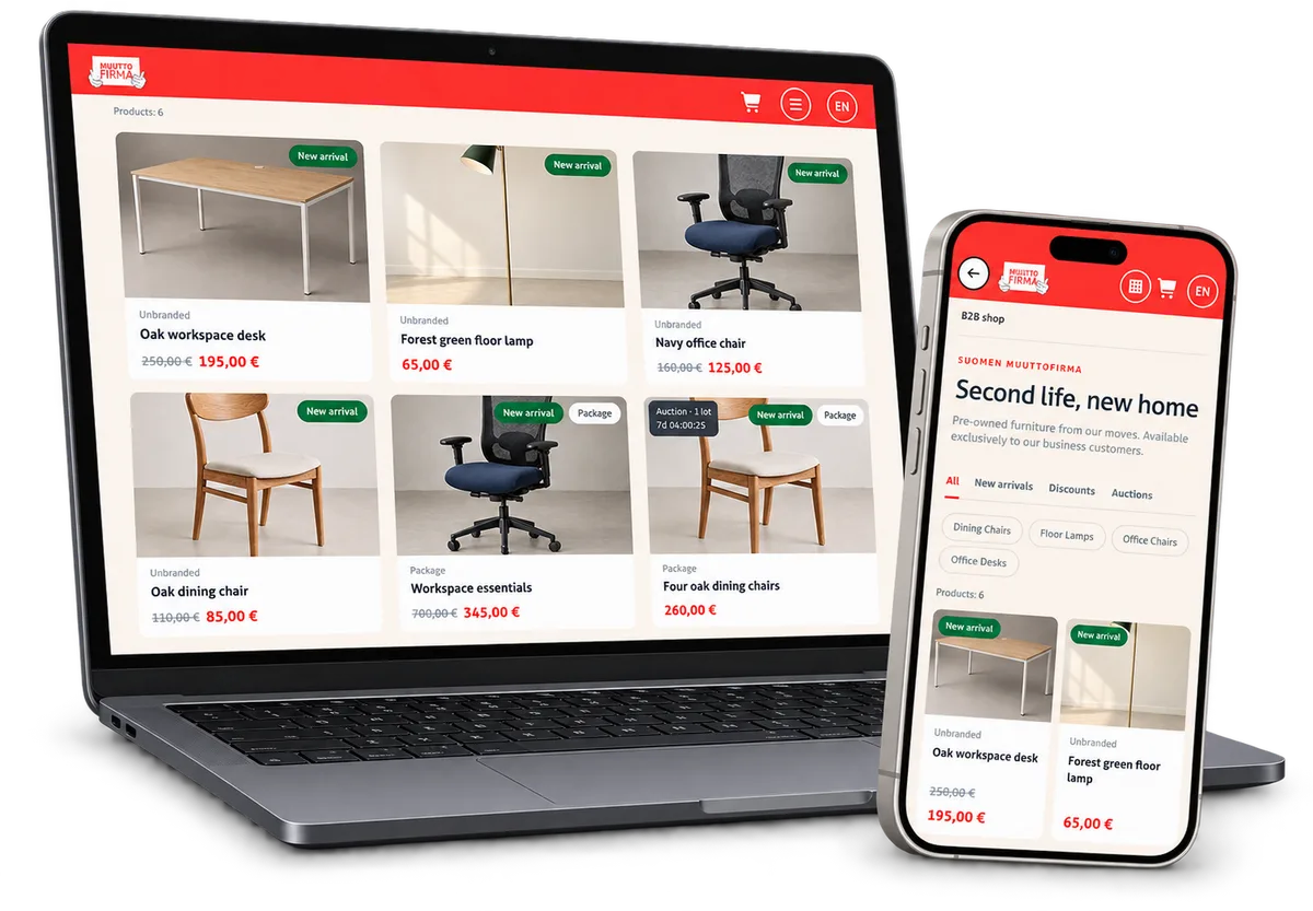B2B furniture catalogue on a laptop and a foreground phone.