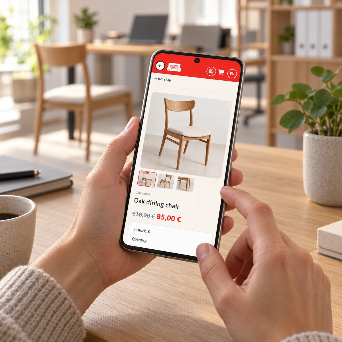 A buyer holds the B2B product page on a phone in a calm office setting.