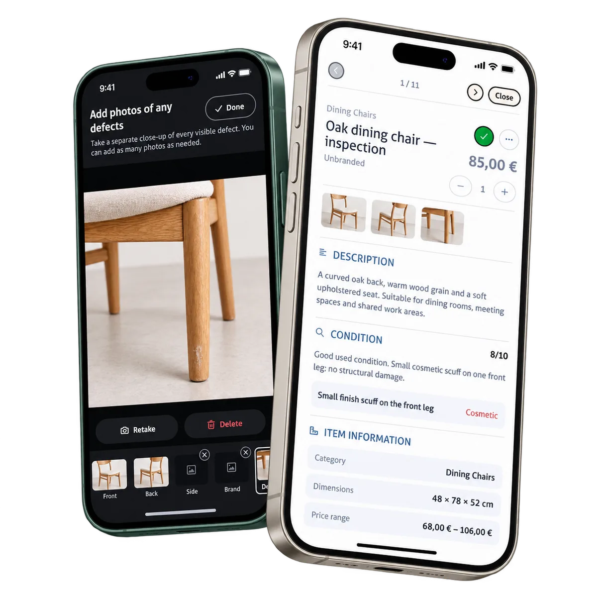A defect photo beside the editable item review on two different phones.