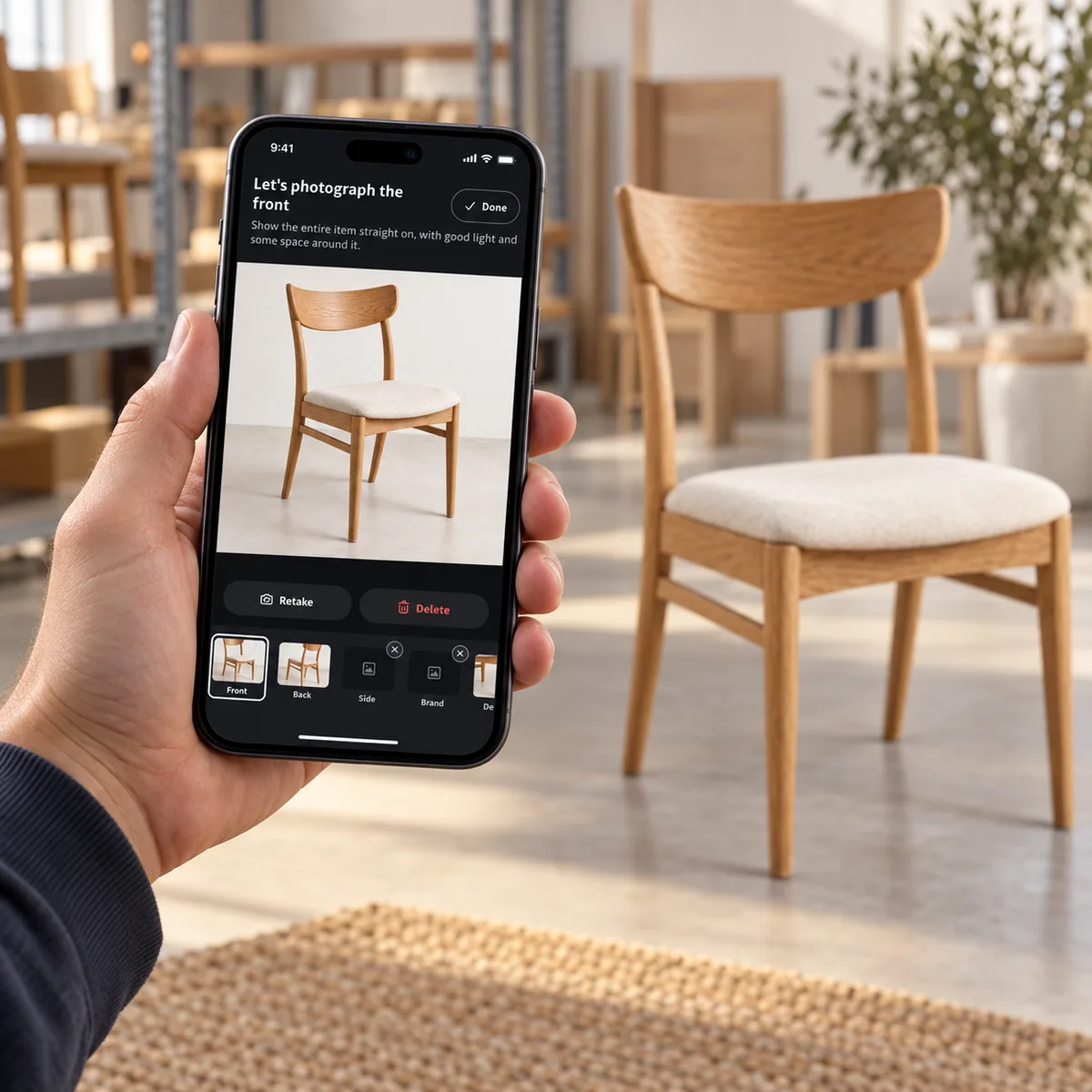 A hand holds the mobile photo workflow beside a matching oak chair.