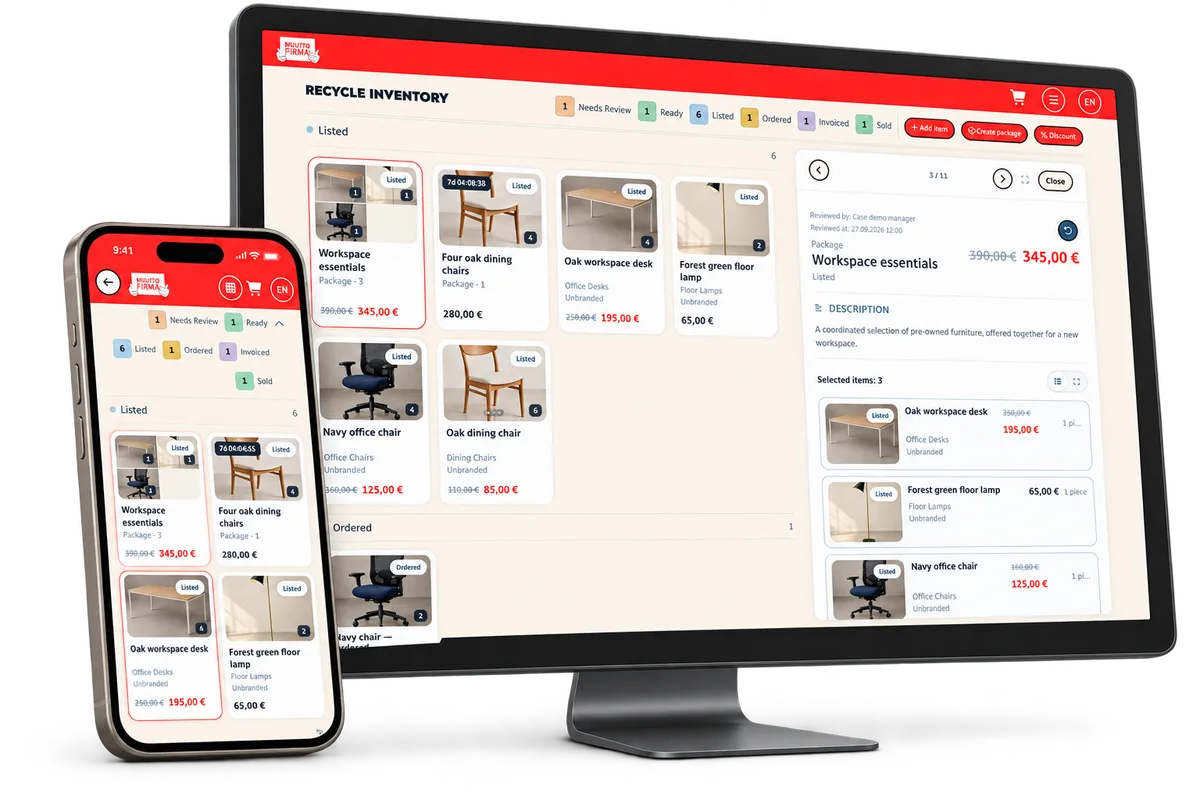 Desktop inventory and a mobile manager view in a two-device collage.
