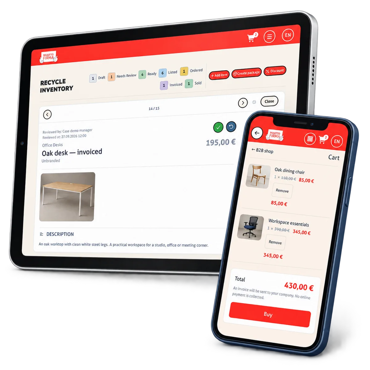 A mobile B2B cart beside a tablet showing an invoiced inventory item.
