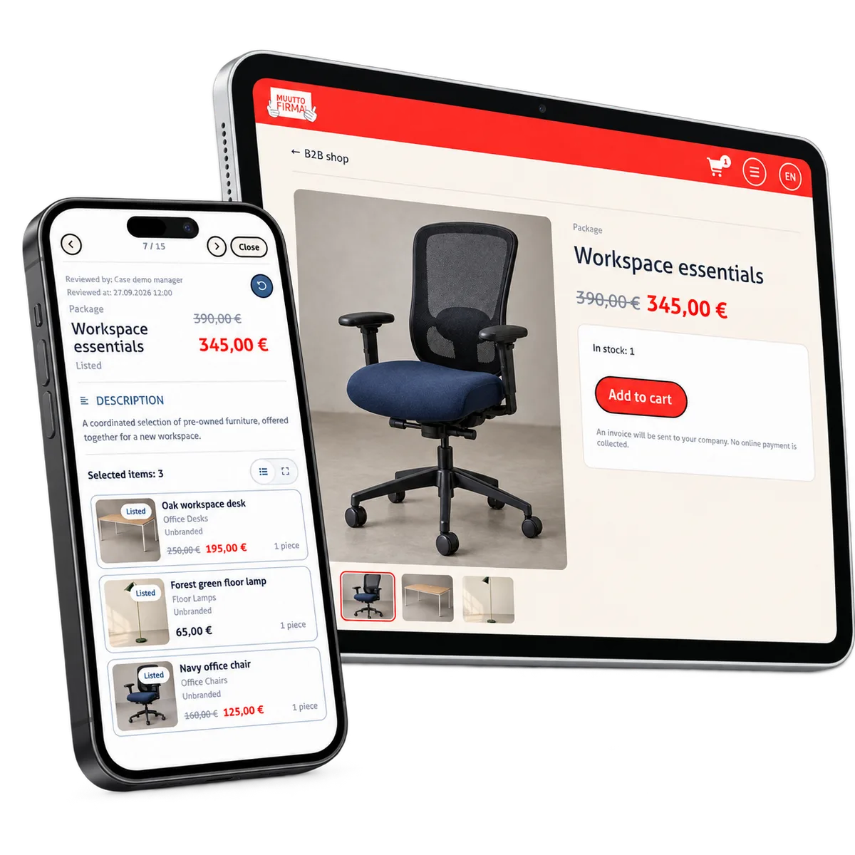 A workspace package offer on a tablet beside its mobile item list.