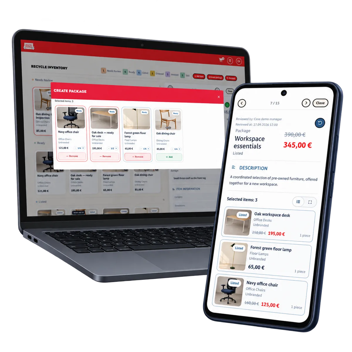 Package selection on a laptop with the package contents on a phone.