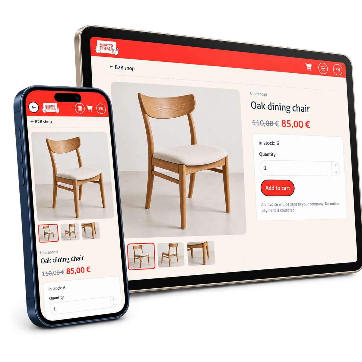 The oak chair product page on a tablet and a phone.