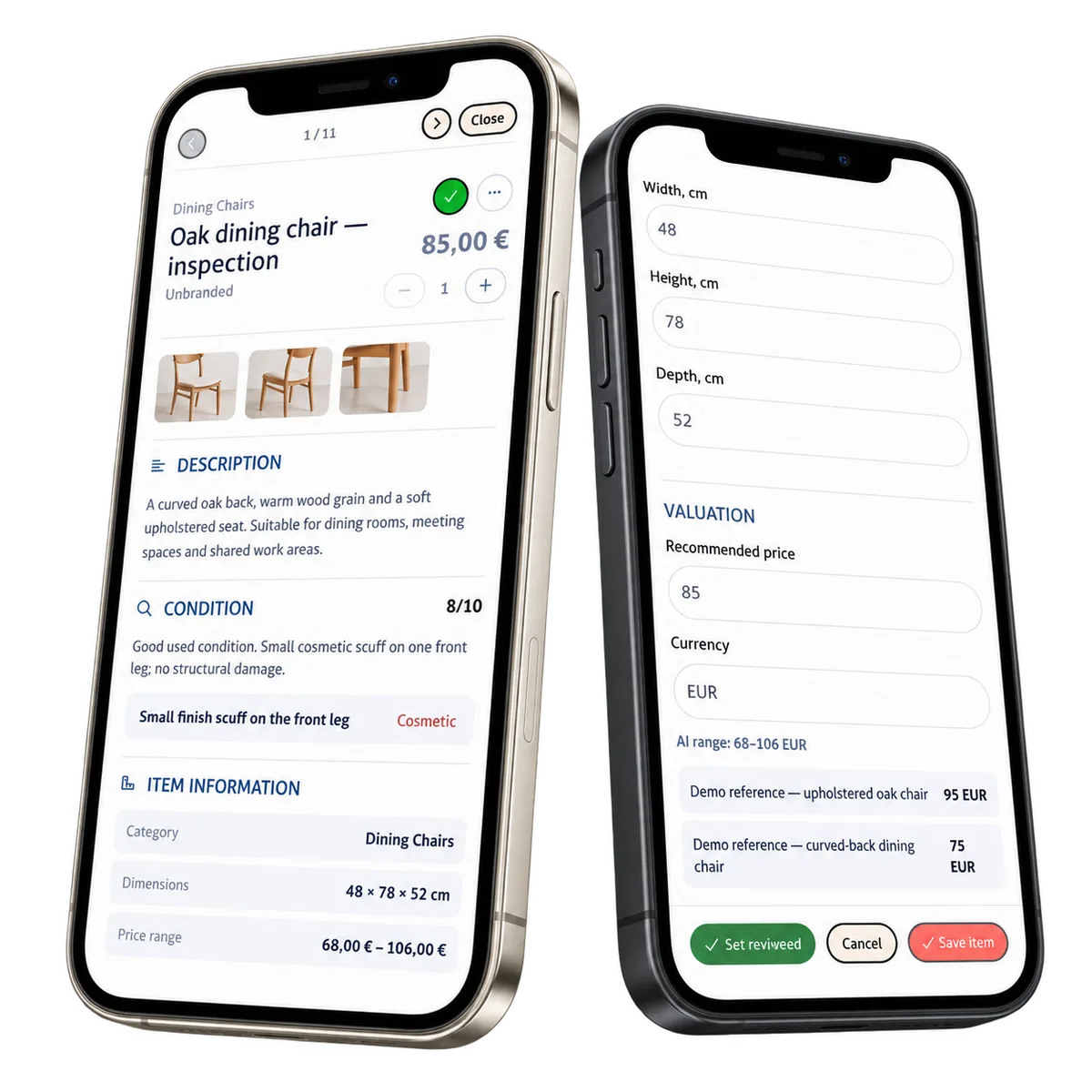 Two phones showing condition details and valuation with explicitly marked demo references.