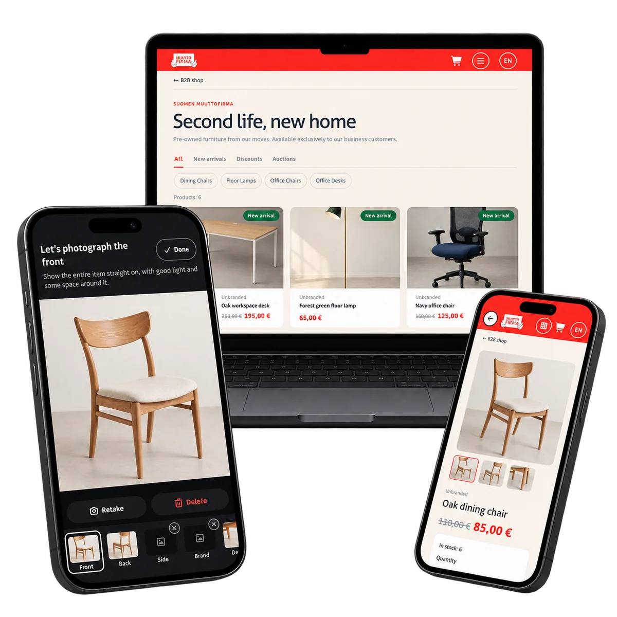 Easy Recycle B2B storefront and mobile photo intake in a three-device composition with demo products.
