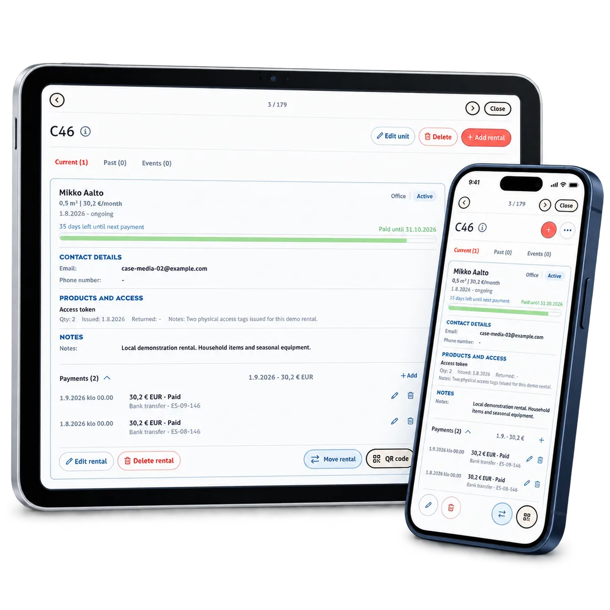 Easy Storage rental details, physical access-tag records and demo payment history on a tablet and phone.