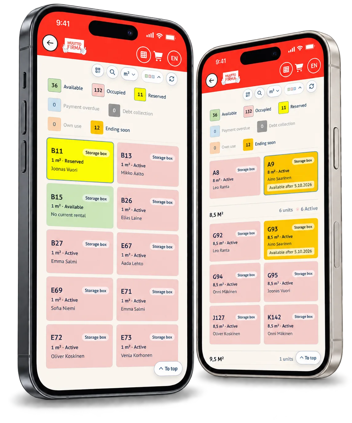Reserved units and soon-ending rentals in two mobile Easy Storage views.
