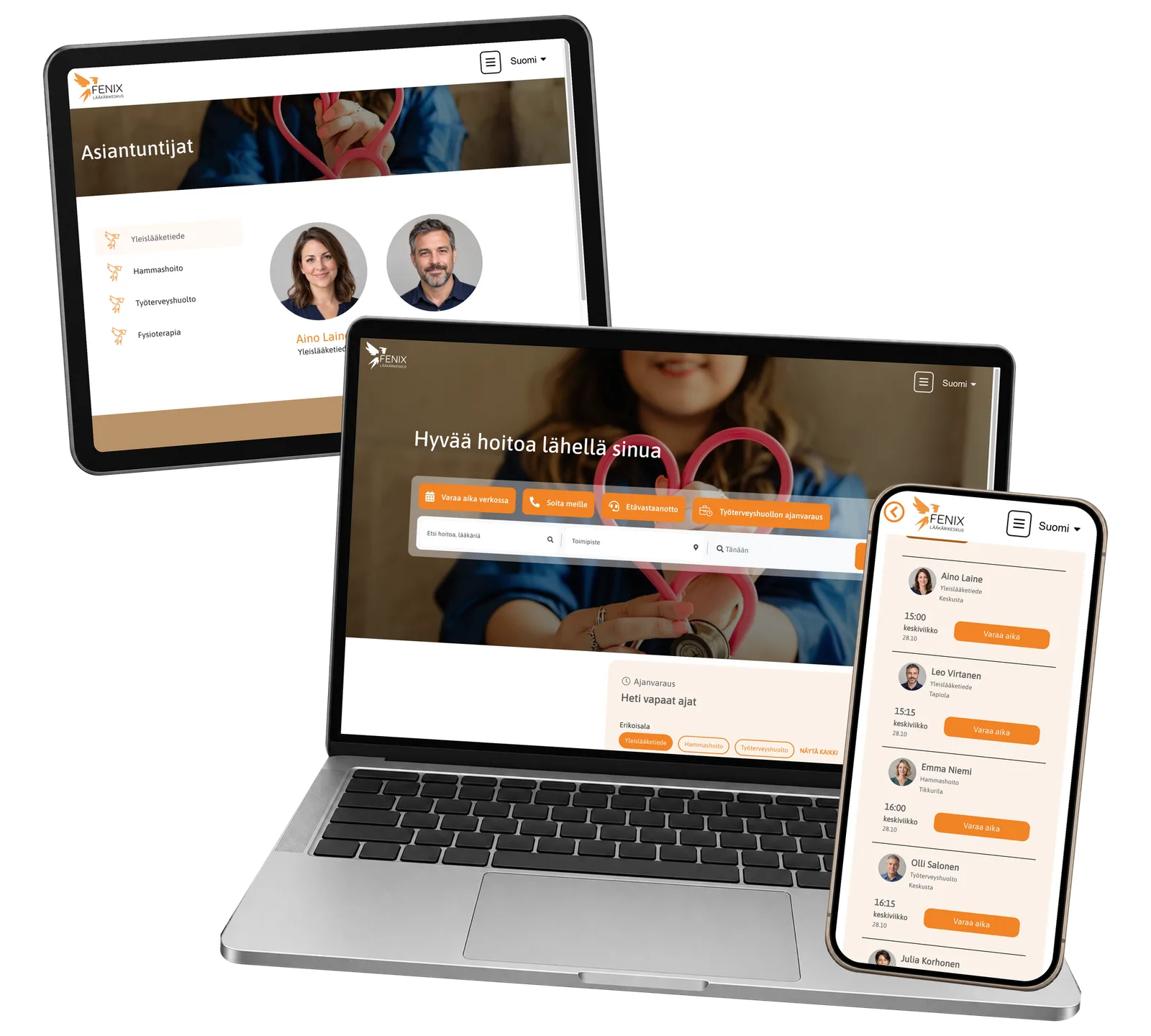 Fenix application: One journey from first question to appointment search. Real interface with fictional demonstration data.
