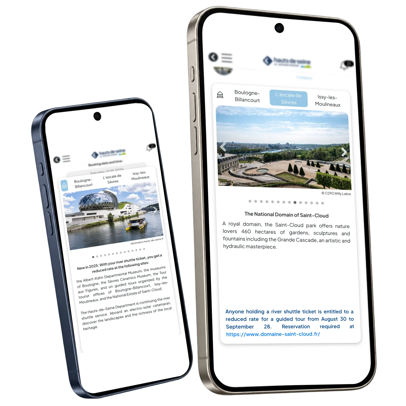 HDS Saint-Cloud garden information and catamaran heritage view on two mobile devices with original photo credits.