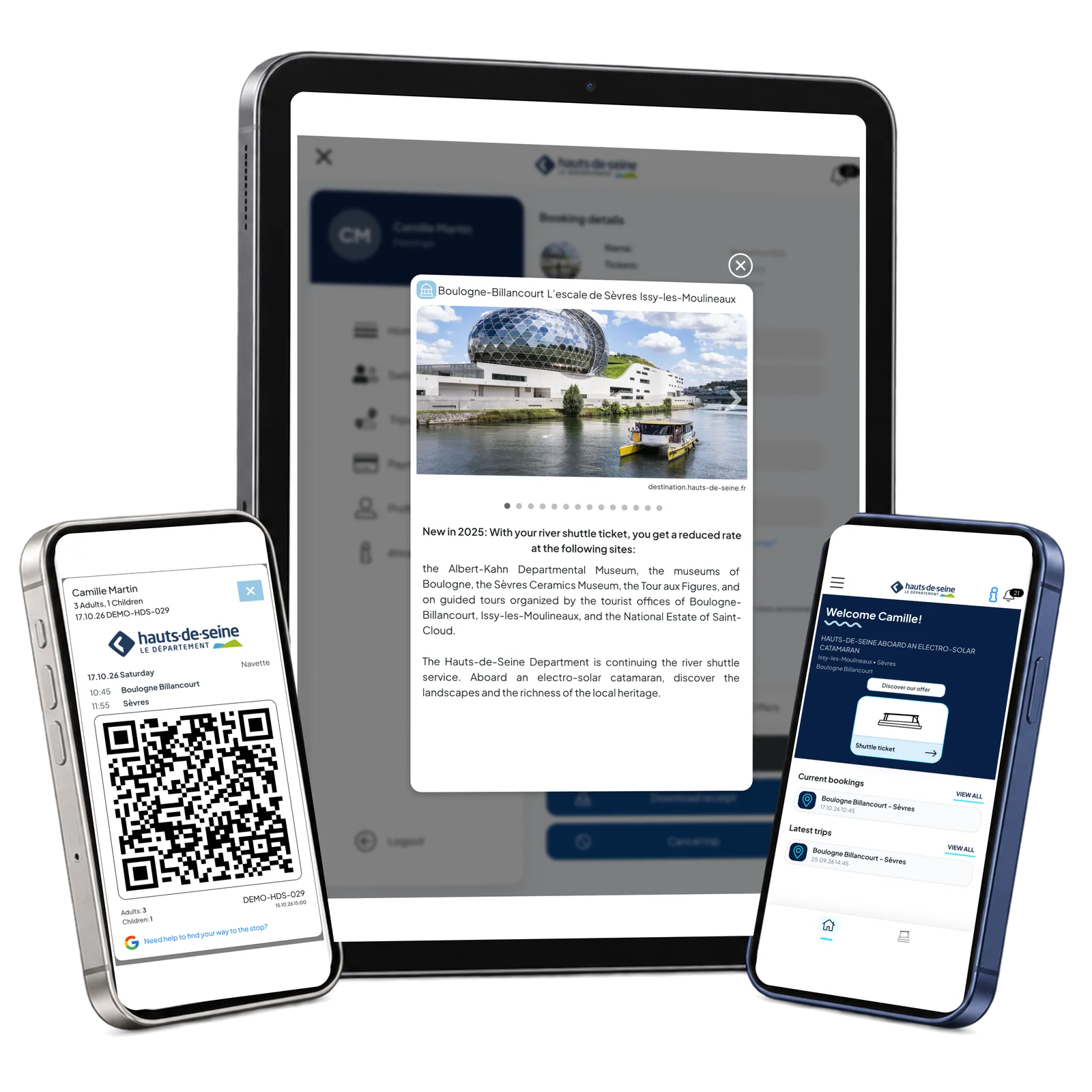 HDS Navette heritage view, passenger home and QR ticket on a tablet and phones; current interface with demo data.