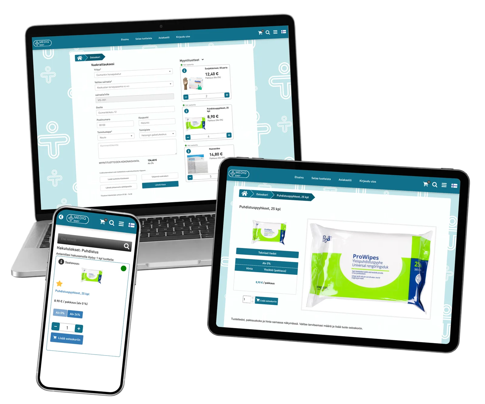 Three Mediq Easy views connect product search and information with a prepared clinic order.