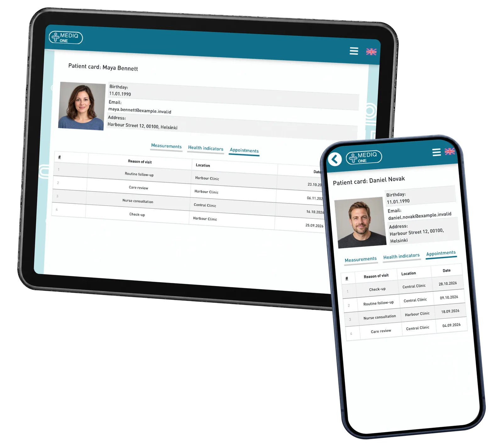 Different fictional visit lists in the professional tablet and patient phone views.