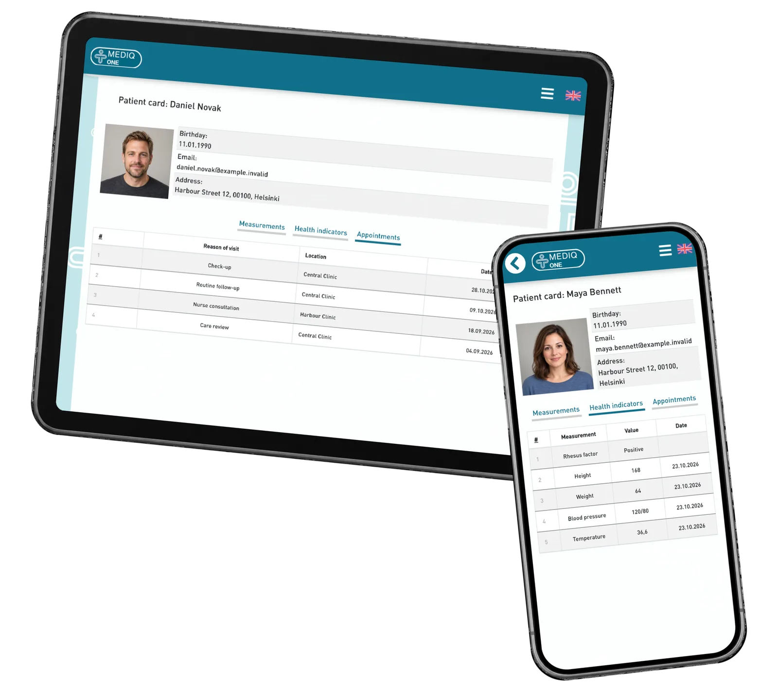 Patient visit overview on a tablet and a separate professional indicator view on a phone.