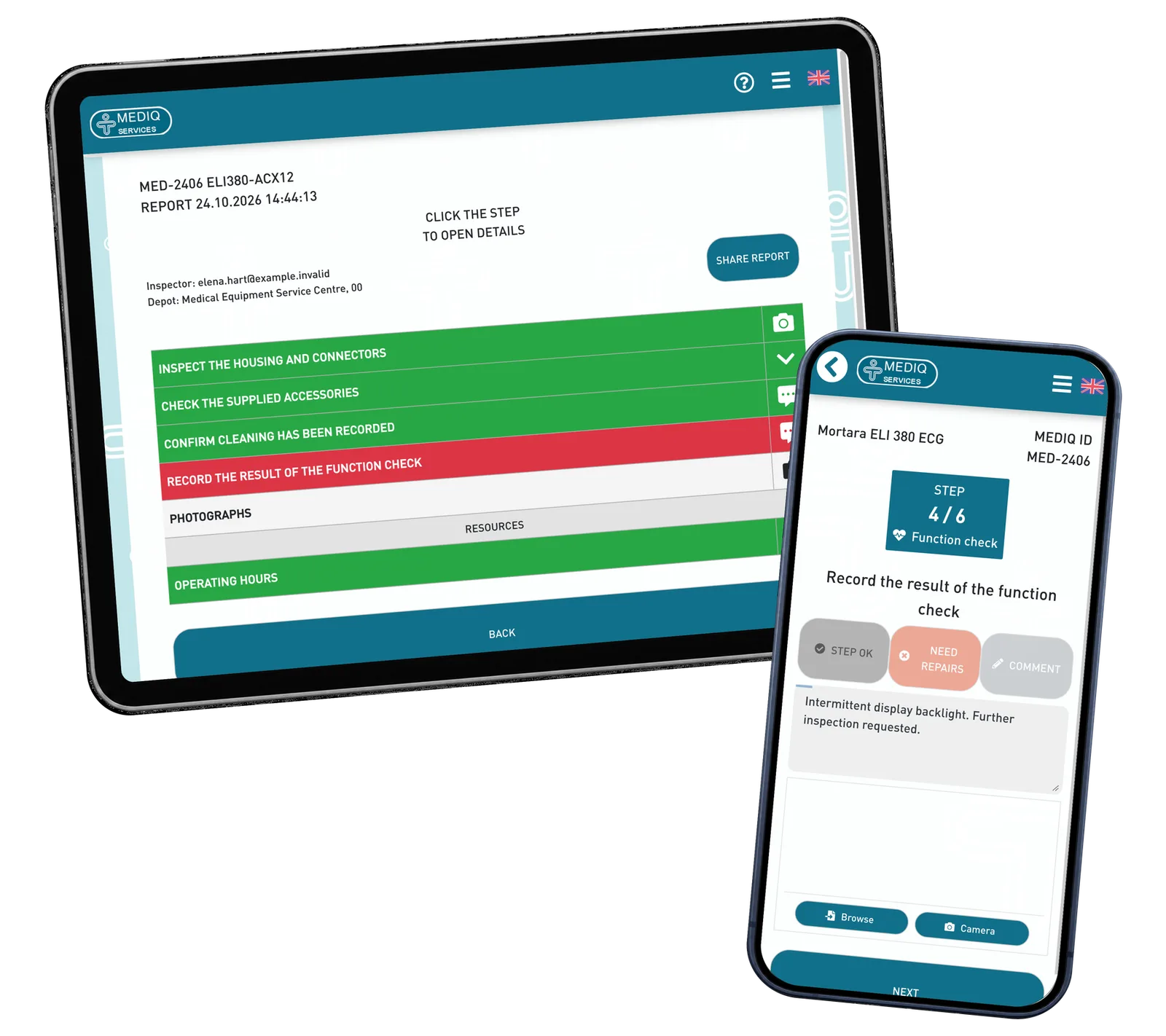 Mediq Services prototype: Give a recorded issue the context needed for follow-up work. Fictional demonstration data.