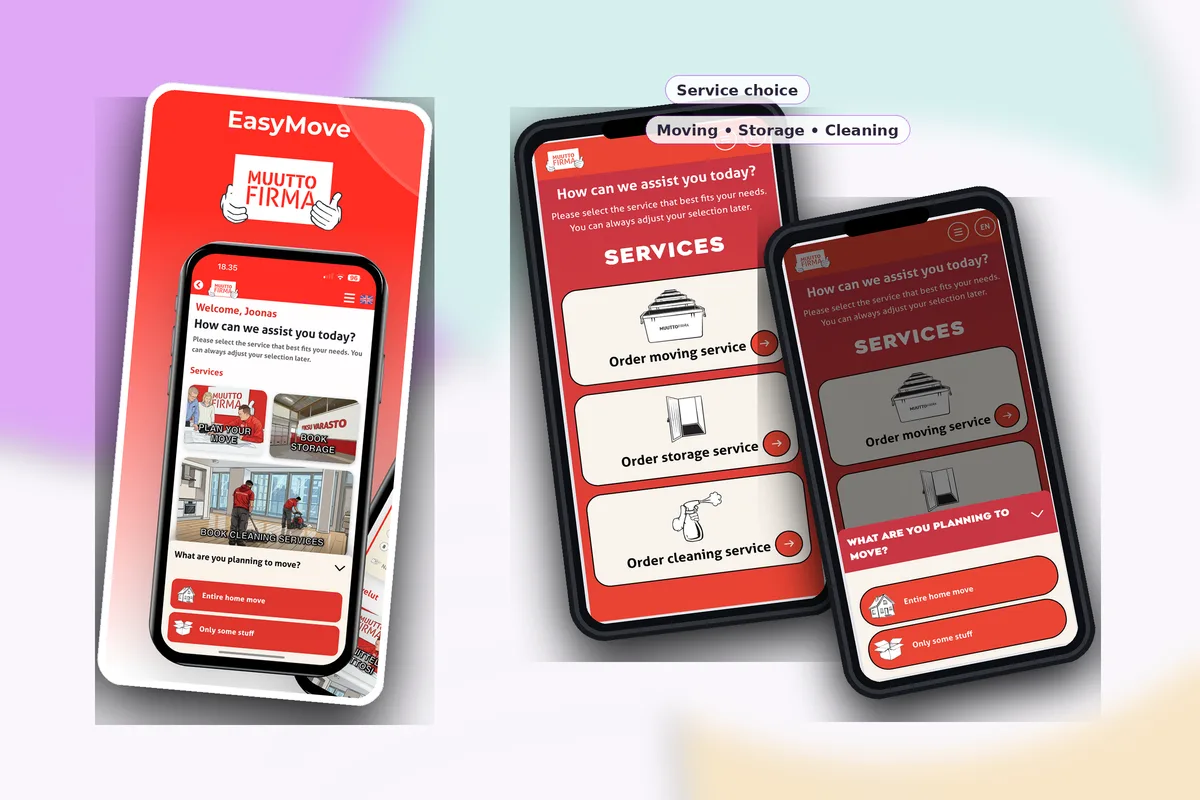 EasyMove customer start screen with service and move scope choices.