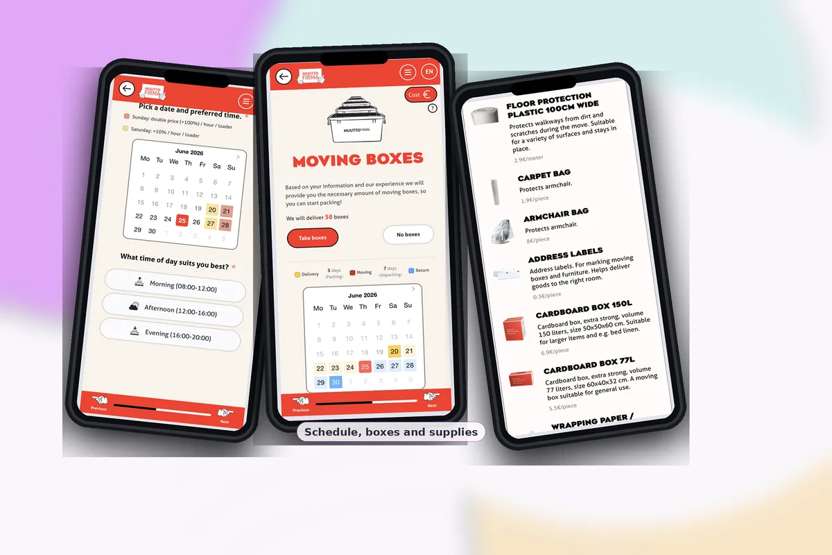 EasyMove moving date, boxes, packing and service option screens.