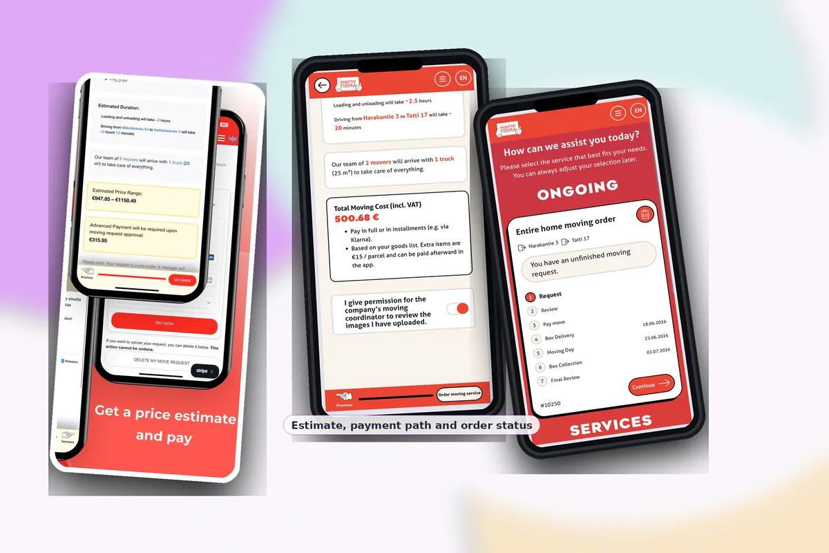EasyMove summary, estimated price, payment and order tracking screens.