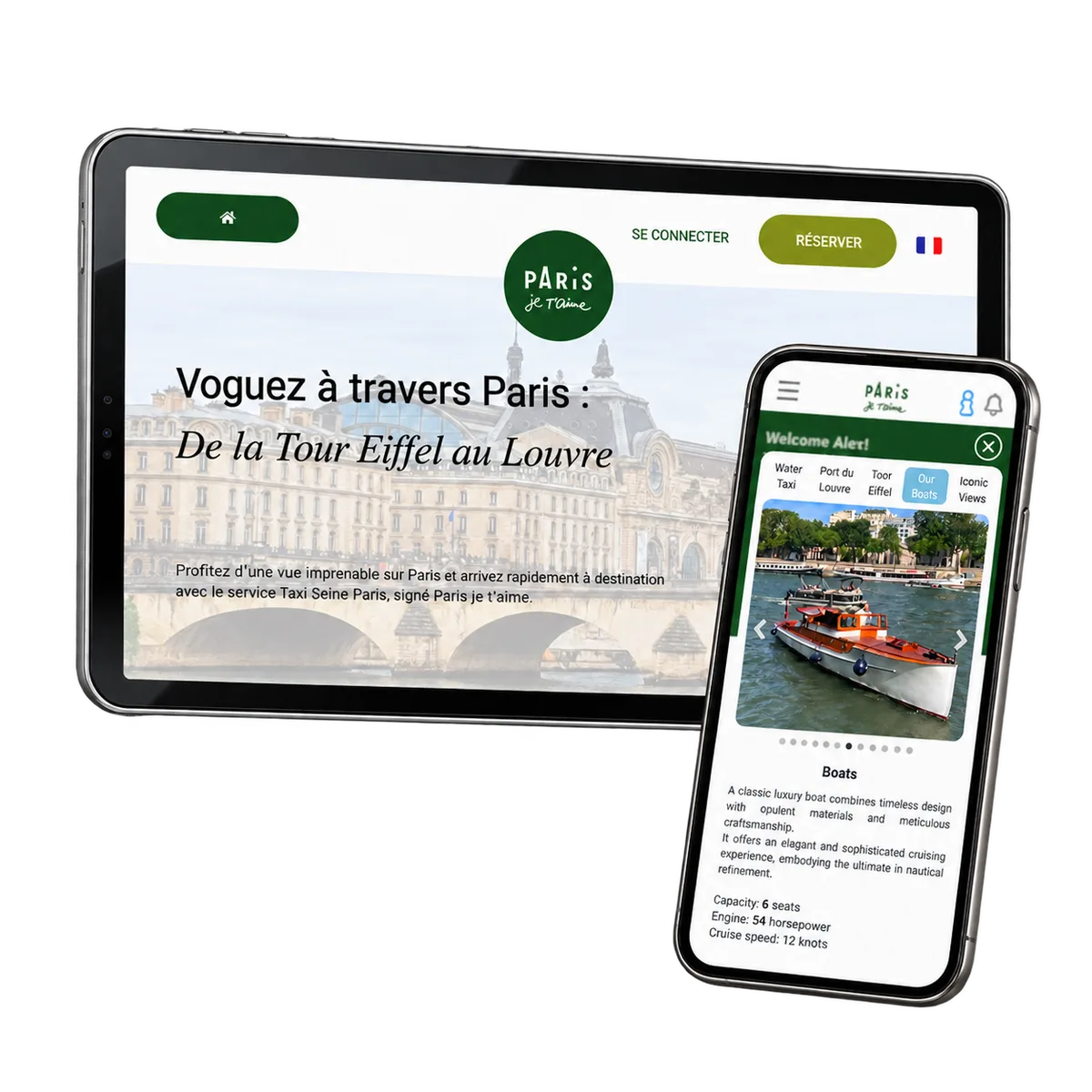 French Taxi Seine Paris website on a tablet and branded boat information on a phone.