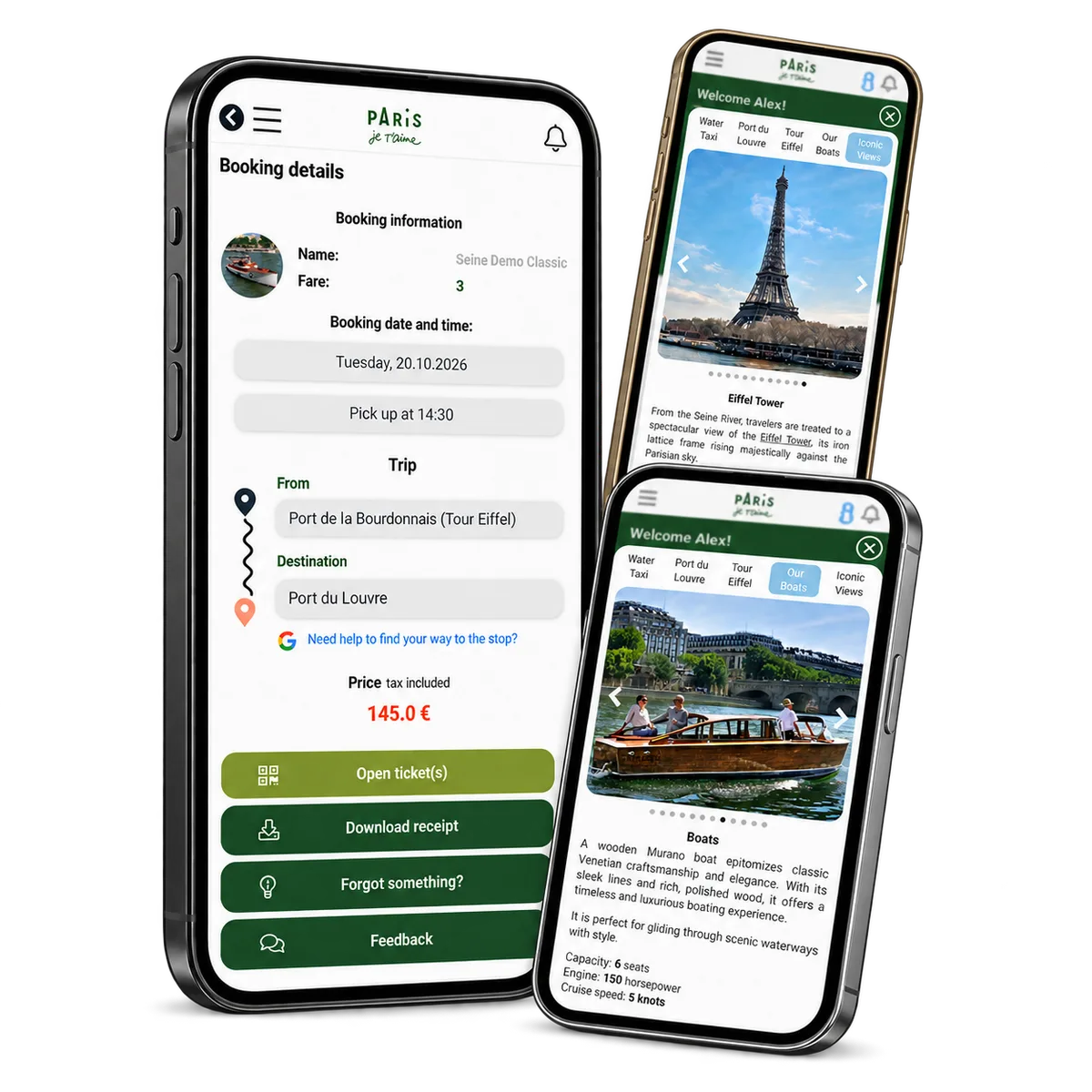Trip record, wooden boat information and Eiffel Tower views on three phones.