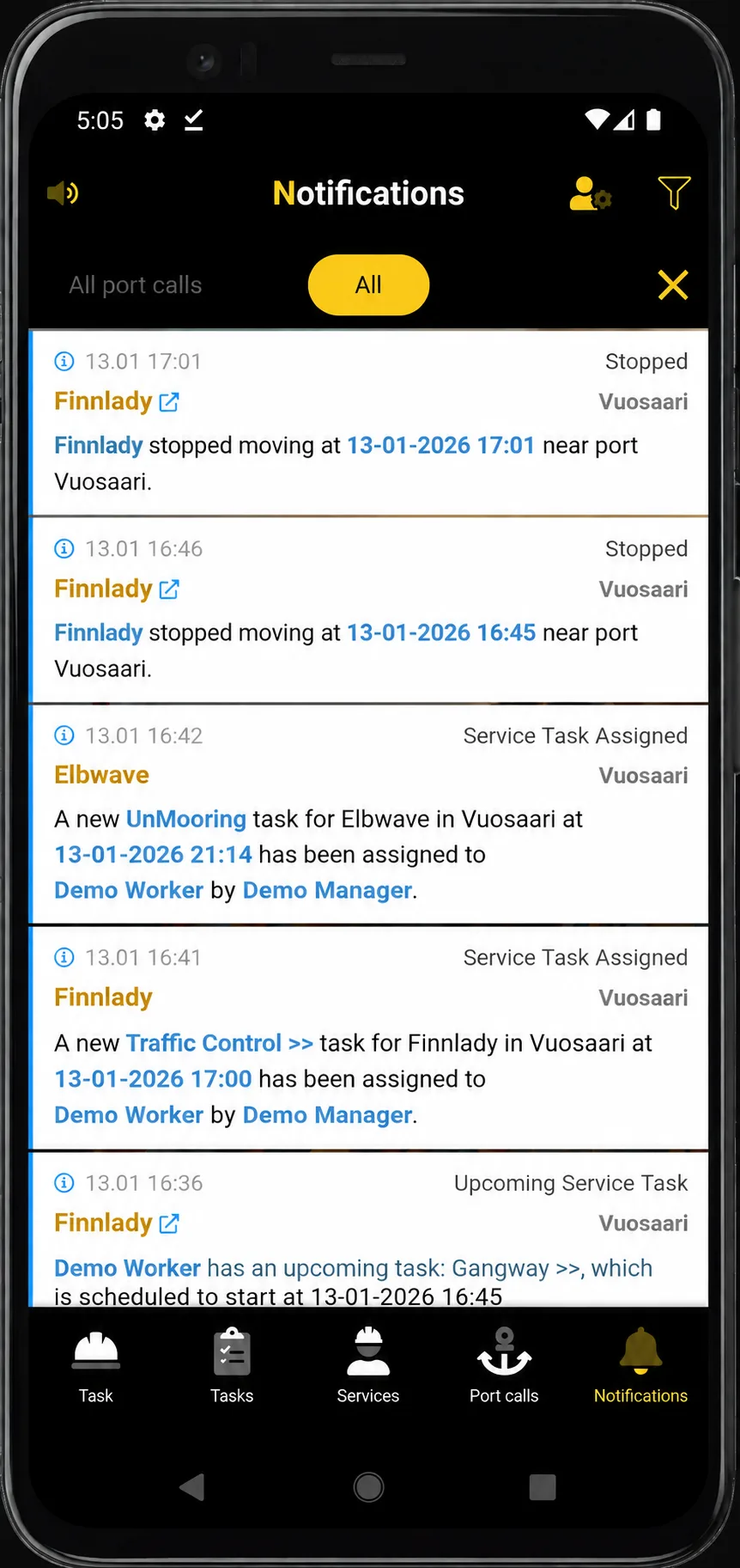 PortLink mobile notifications screen for vessel and task updates.