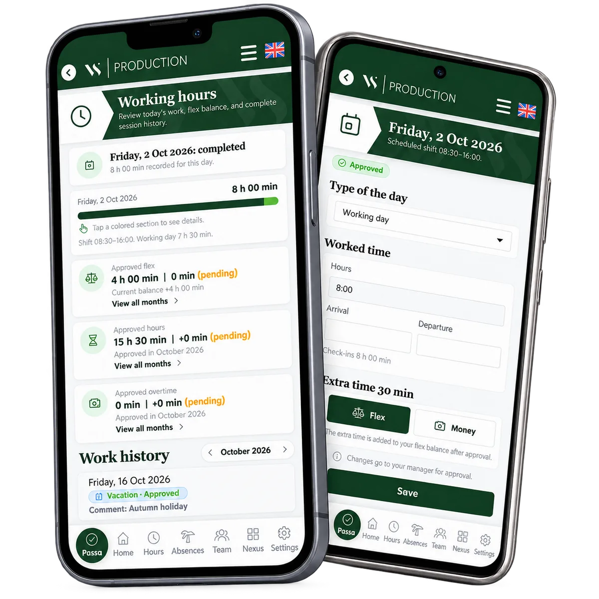 Passa working hours and daily review on two phones. Adapted demo.