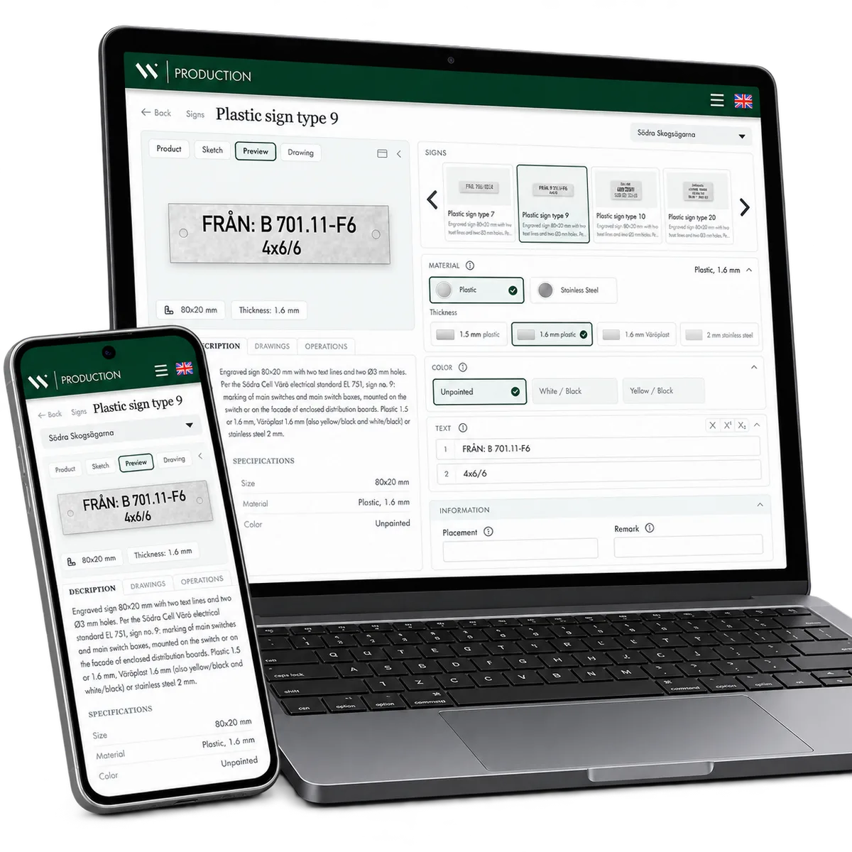 Södra type 9 sign configuration and live preview on desktop and mobile. Adapted UI.