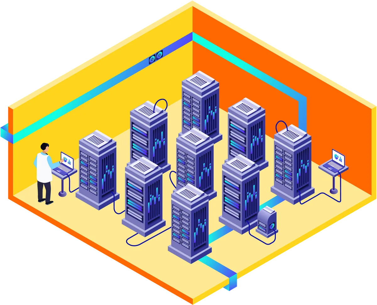 Illustration of a server room where an engineer monitors the cloud environments